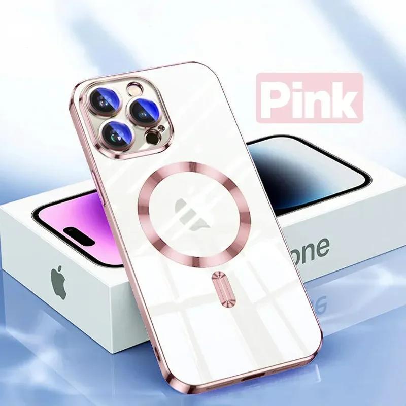 Роскошный чехол для телефона Magsafe с беспроводной зарядкой для iPhone 15 14 13 12 11 Pro Max Plus, прозрачный магнитный гальванический чехол-бампер