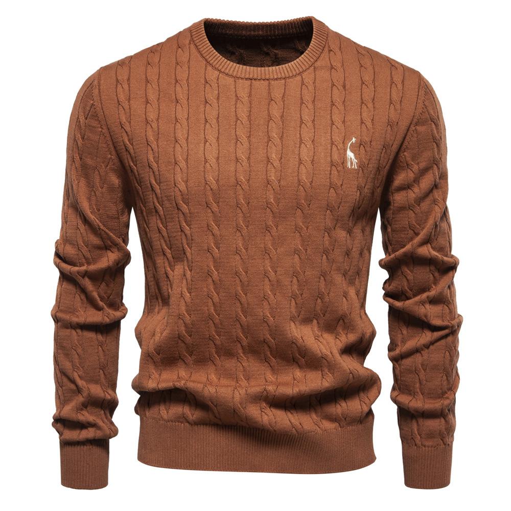 Men's Autumn Winter Solid Knitted Crew Neck Sweater Fashion Casual Deer Embroidery Pullover