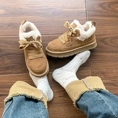 Зима Новый Стиль Женские Ретро На шнуровке Круглый Носок Низкие Плюшевые Ботинки на Толстой Подошве Нескользящие Дизайнерская Женская Вулканизированная Обувь