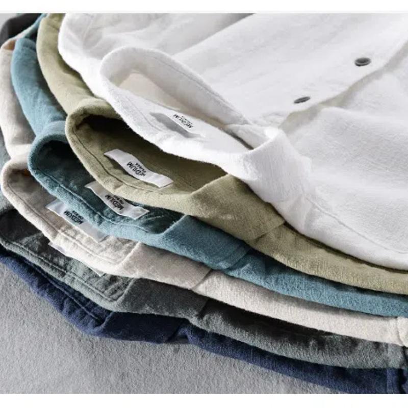 Long Sleeve Cotton Linen Man Shirts Summer Tops Classical Turn-down Collar Green Button Shirt Daily Men's Casual Shirt Beach Breathable Shirt