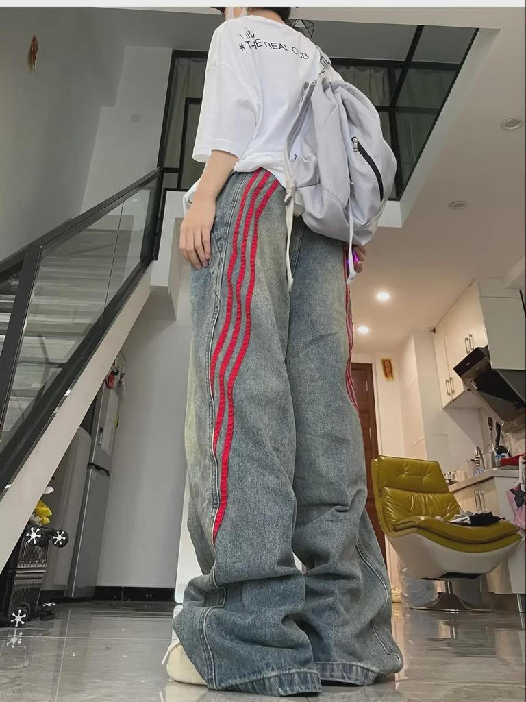 Джинсы унисекс с потертостями и полосками, коллекция весна 2024 г., свободный широкий крой