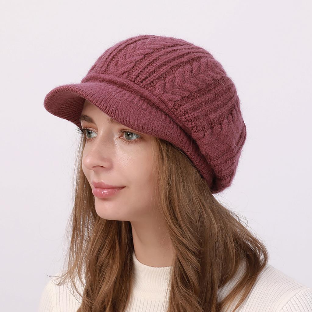New Autumn and Winter Women's Velvet and Thickened Wool Cable Knit Cap Fashionable Warm and Cold Proof Beret Knitted Hat
