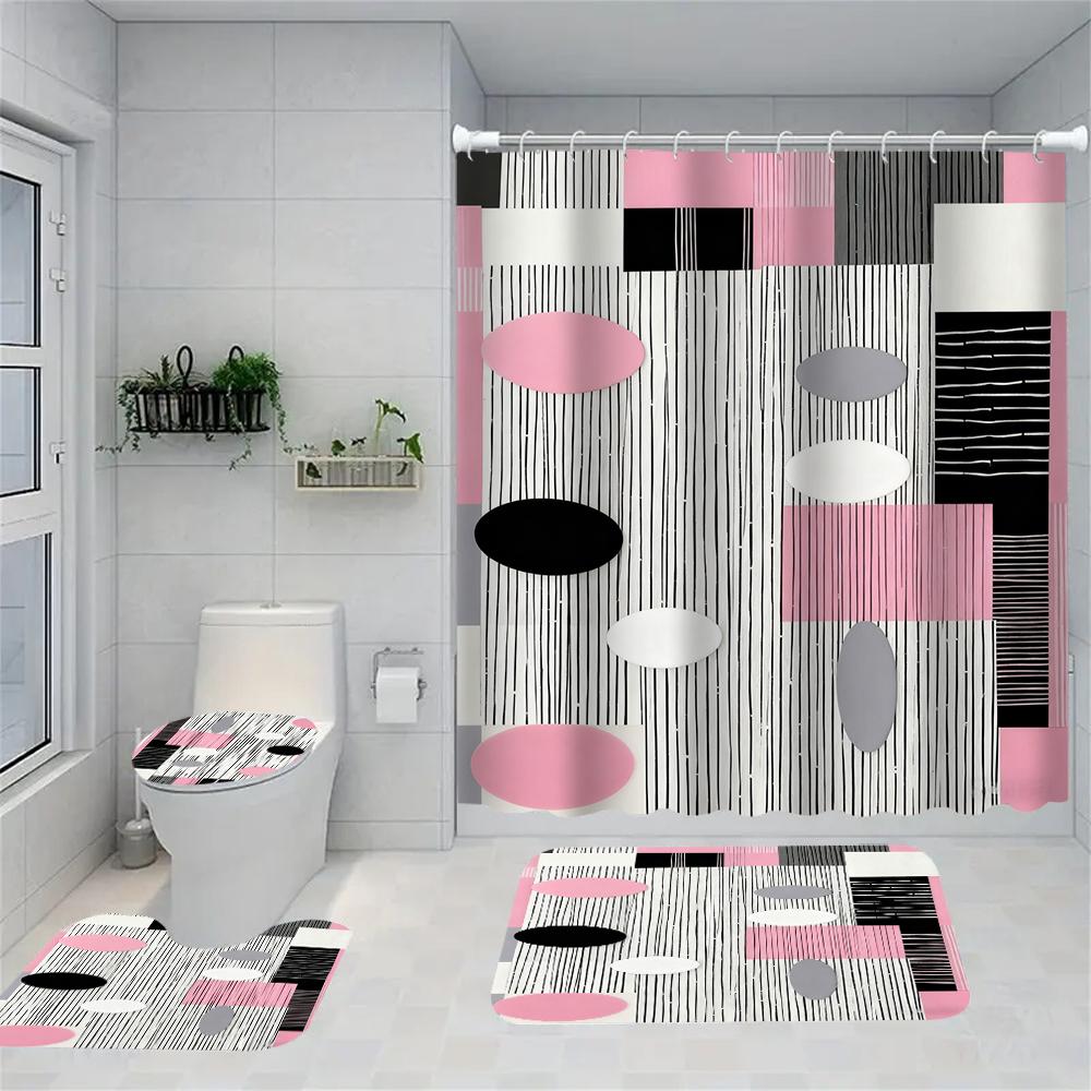 1/4 Geometric grid  print shower Curtains, Toilet Seat Decoration, Shower Curtain with Carpet and Toilet Lid, 70.8x70.8 inch