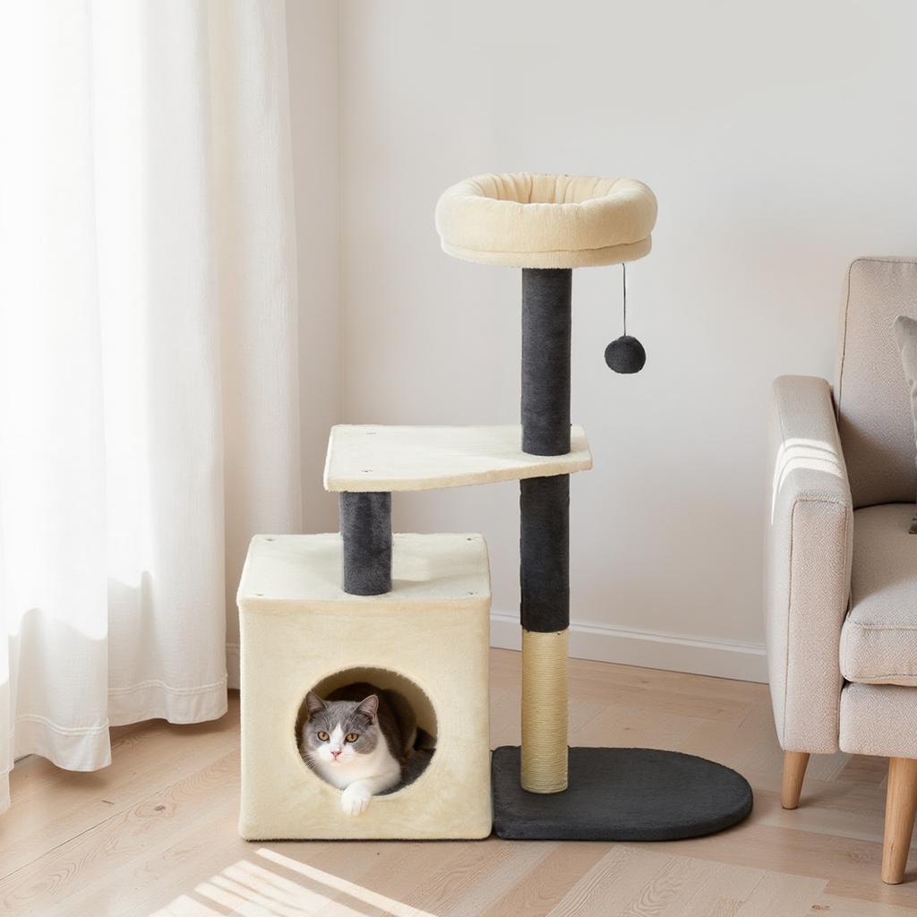 Cat Scratching Tree 92 cm Tall with House, Bed, Sisal Posts and Ball, Cream White