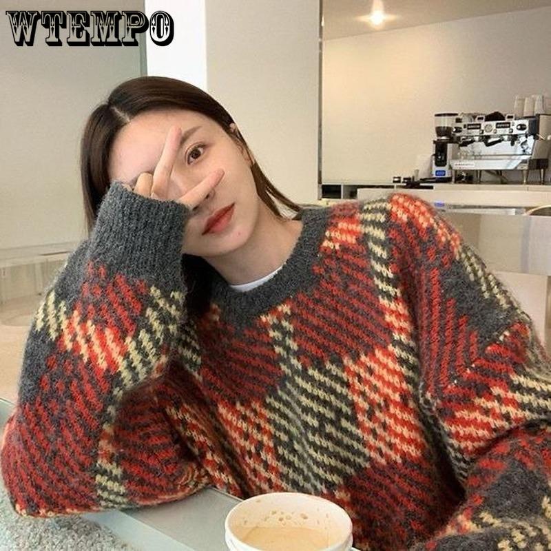 WTEMPO Мягкие женские осенне-зимние новые клетчатые ретро-свитера Y2K Loose Lazy High-end Sense of Temperament