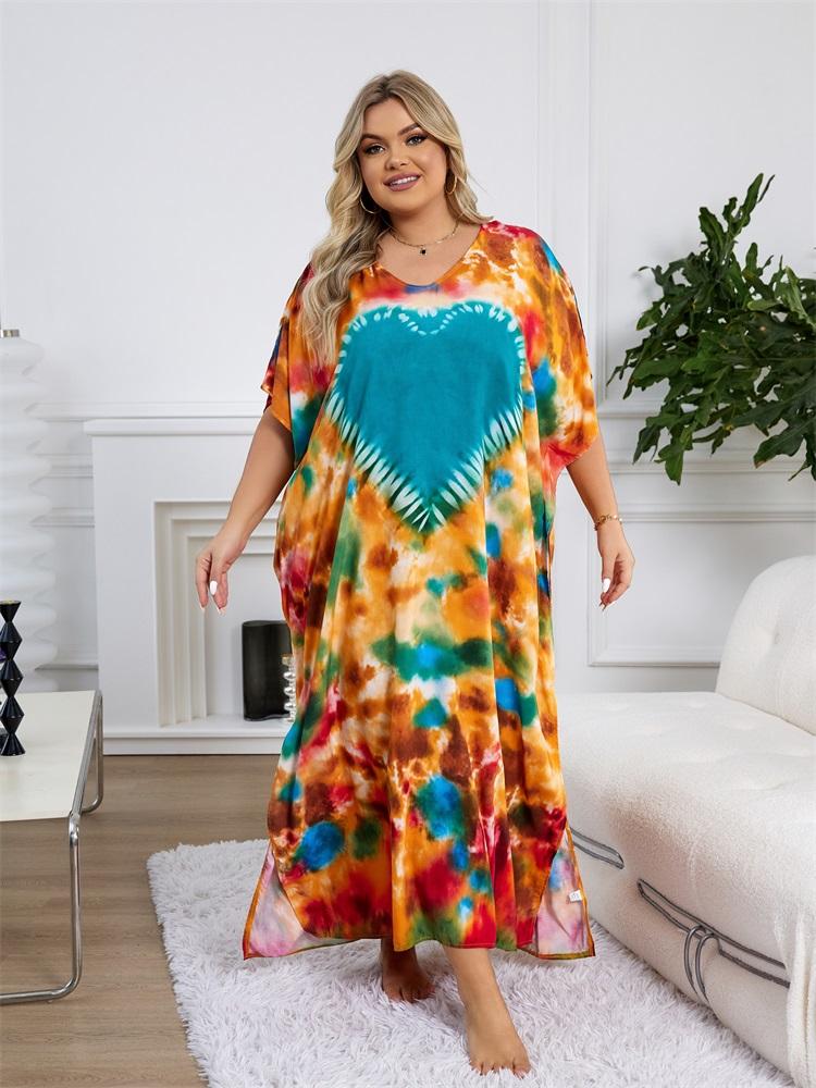 EDOLYNSA Plus Size Loose Kaftan Dresses For Women 2024 Boho Printed Vacation Beach Coverup Summer House Dress Cozy V Neck Short Sleeve Loungewear