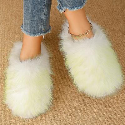Модные Элегантные Меховые Тапочки Смешанных Цветов Женские Зимние из Искусственного Меха Теплые Домашние Плюшевые Шлепанцы для Женщин с Круглым Носком Нескользящие Хлопковые Тапочки Леди