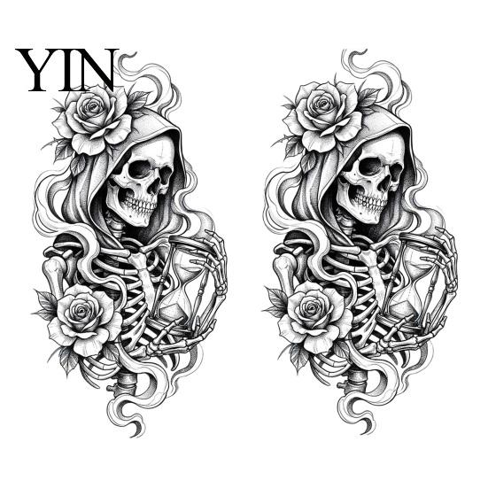 Customizable Glass Sticker Halloween Skeleton And Rose Static Window Clings, Removable Sketch Skull & Easy Install Film Flower Sticker, Waterproof PVC