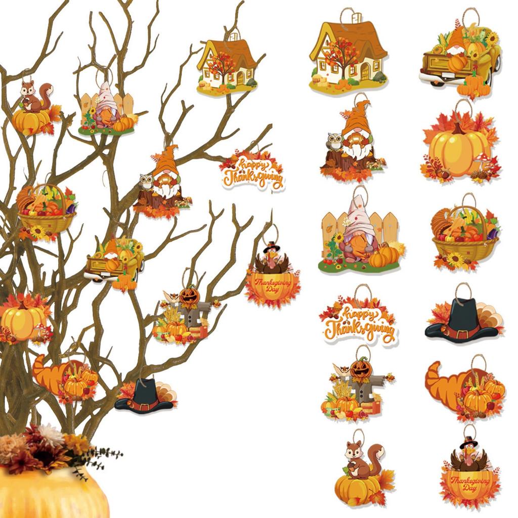 12Pcs Hanging Ornaments Thanksgiving Fall Tree Decorations Paper Hanging Signs And Pendant With Ropes Decor