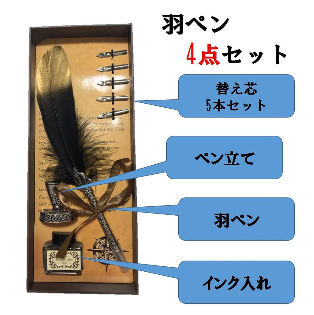 Quill Pen Stand Ink Bottle Set of 4 Antique Feather Dip Pen Fountain Pen Quill [ST TS] (01 Black)