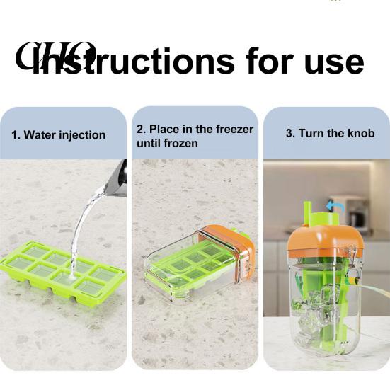 Ice Cube Mold Water Bottle 2-in-1 Maker & with Straw, Press-Release Silicone Friendly for Freezer, Leak-Proof Portable Cup Gym Travel, BPA-Free Summer
