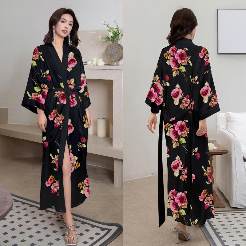 Satin Printed Robe Women Plus Size Lightweight Long Sleepwear Home