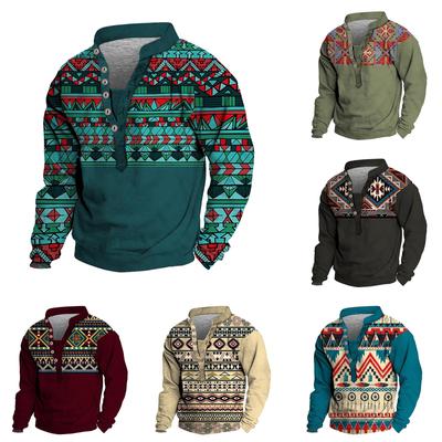 Мужской свитер с v-образным вырезом и воротником-стойкой с 3D цифровой печатью и винтажным воротником на 6 пуговицах