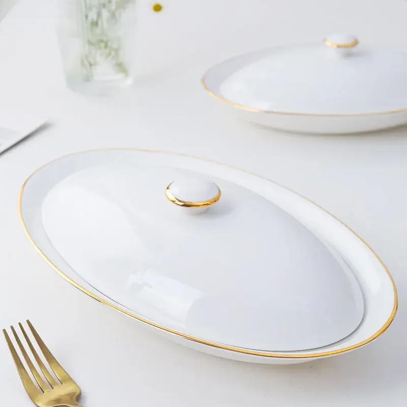 Тарелка для рыбы на пару Овальная тарелка Блюдо для сока из морских ушек Тарелка для морских огурцов Керамическая столовая посуда с крышкой Посуда для ресторана отеля