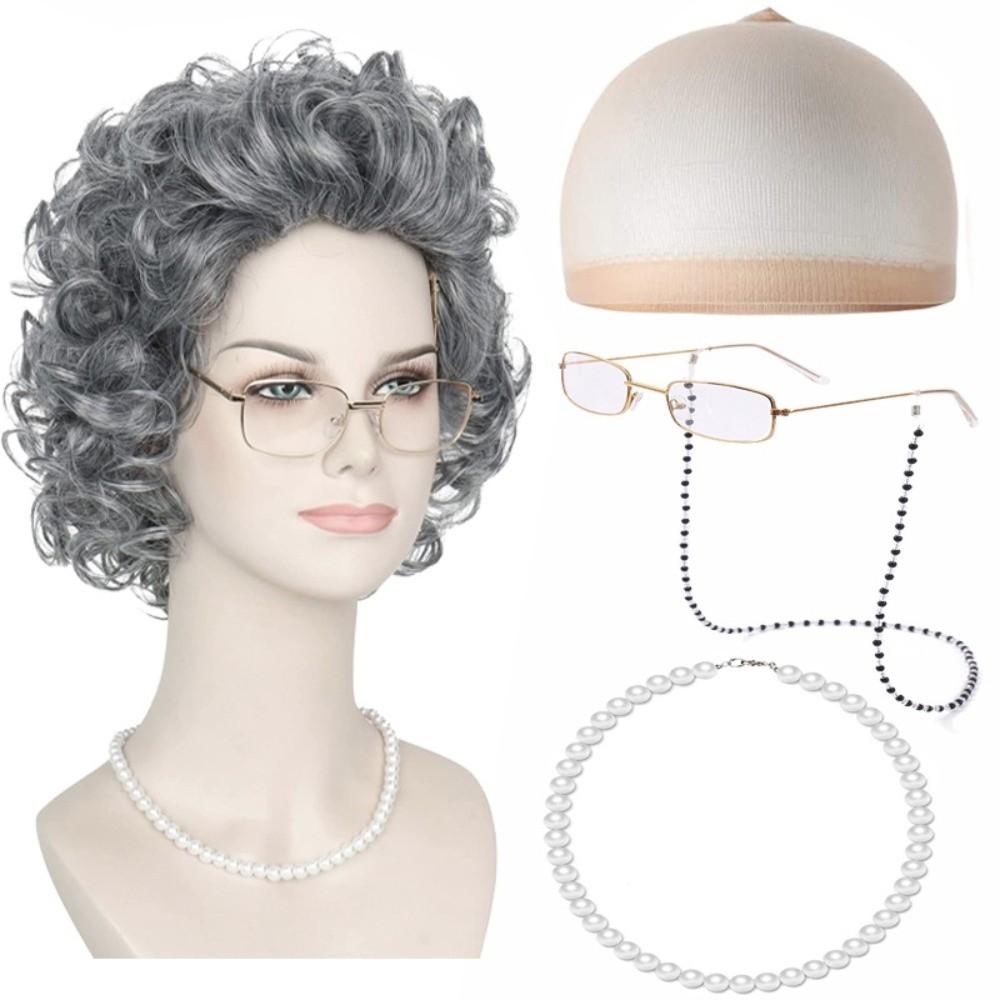 5/6/8pcs Funny Grandma Gray Wig Hairpiece Halloween Costume Set  Costume Party