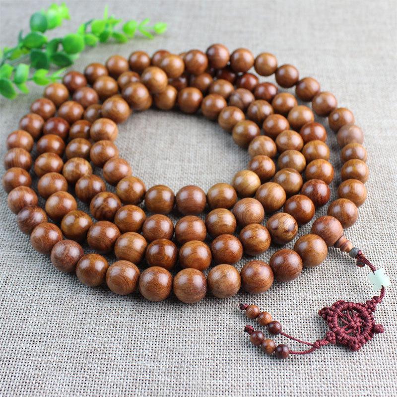 Браслет из буддийских четок из бирманского палисандра: 108 больших бусин из красного сандалового дерева и желтого палисандра