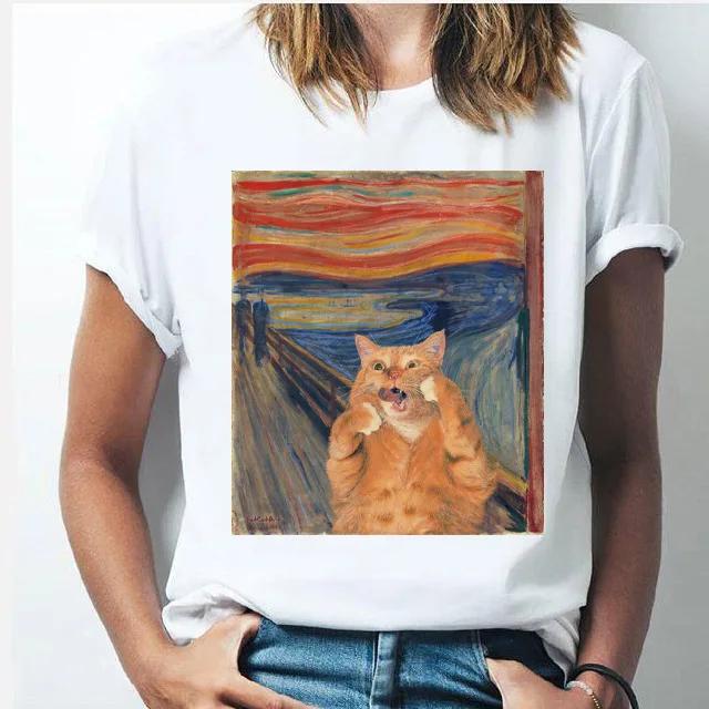 Oil Painting Cat Women's Fashion Personality Spoof Classic Oil Painting T-shirt Women Clothing Tops Harajuku Aesthetic Oversized