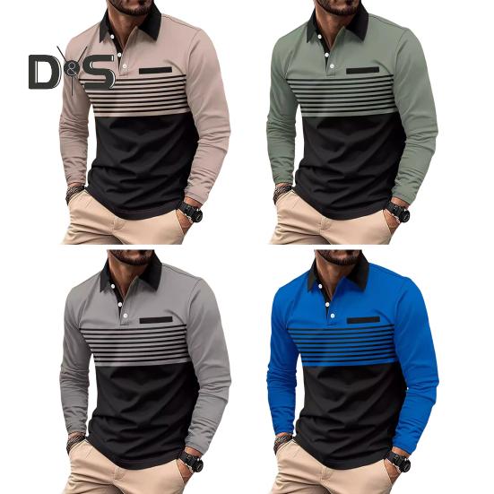 Мужская рубашка весна-осень с отложным воротником на пуговицах, контрастный полосатый принт, длинные рукава, свитер средней длины, повседневный деловой топ