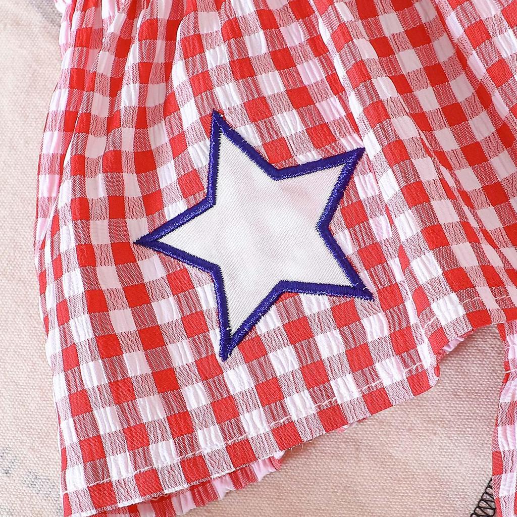 Hot Selling Patriotic Infant Girls Clothing Set Star Bow Fly Sleeve Top Plaid Shorts 2 Piece Outfit With Heart Embroidery For 0 3 Years Old Daily Wear