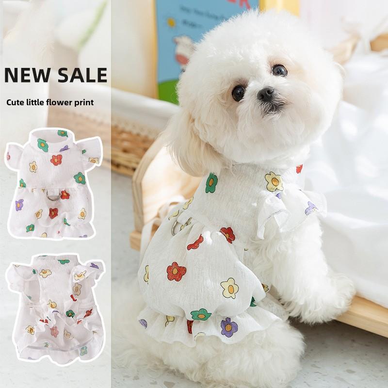Весенне-летняя одежда для собак, тонкое дышащее милое платье с цветочным принтом, юбка с изображением кошки, одежда для плюшевых собак в стиле принцессы
