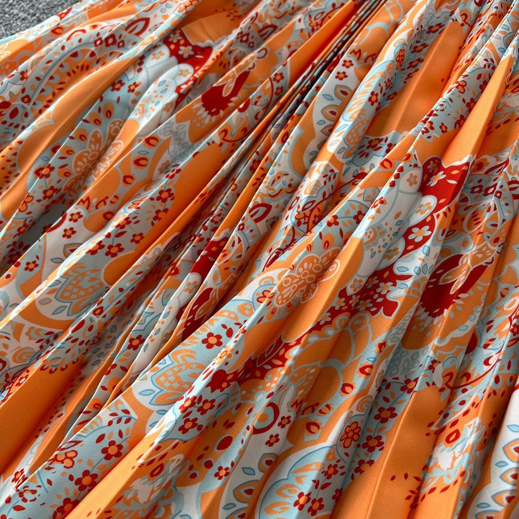 Summer Women's Pure Desire Sexy Holiday Heart Hollow Hanging Neck Halter High Waist Slim Printed Pleated Long Dresses