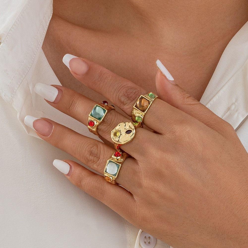 4 pcs Crystal Bracelets Zircon Pleated Open Ring Colorful Vintage Ring Set Girls