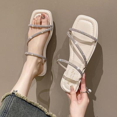 Босоножки на толстой подошве женские летние для улицы 2025 новые со стразами прозрачные с кристаллами и шлепанцы на толстом каблуке квадратный носок высокий каблук