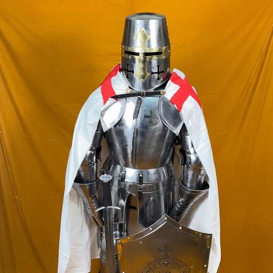Full-Size 6-Foot Templar Knight Armor Suit Polished Medieval Roman Steel Armor with Display Stand  Ideal for Home Décor