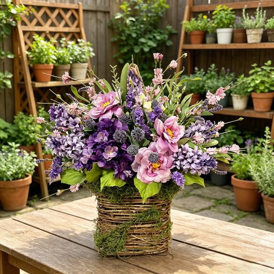 Door Hanger Basket Wreath Spring Summer Artificial Flowers in Wicker Basket for Front Door Rustic Rattan Hanging Basket Wreath for Home Porch Entryway