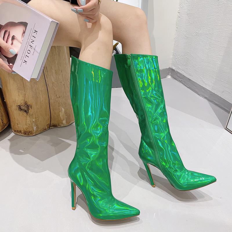 Модные женские сапоги до колена из лакированной кожи с острым носком Parker на молнии, обувь для стриптиза, уличный стиль, модная обувь