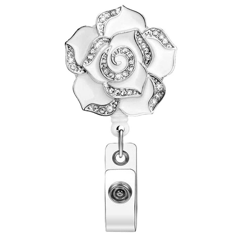 Катушка для бейджа с розой и бриллиантами для женщин и девочек, бейдж с именем, рабочий пропуск, выдвижной ремешок, нагрудная бирка, клипса, катушка