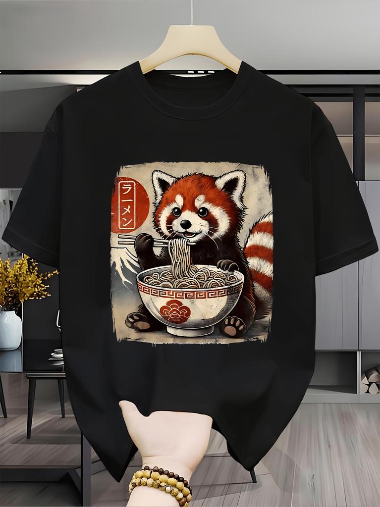 Cute Red Panda Eating Ramen T Shirt Kawaii Animal Graphic Tee Japanese Food Print Summer Top Funny Casual Shirt For Women Men