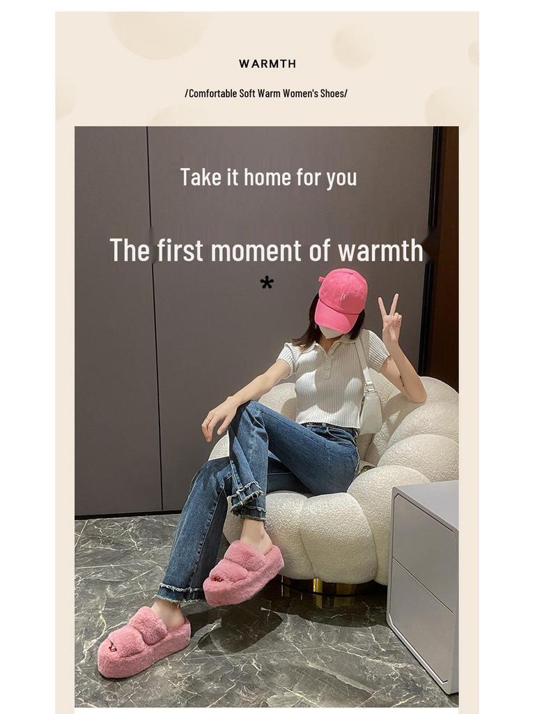 Женские пушистые тапочки, увеличивающие рост - Осень/Зима 2023: Двойной ремешок, Толстая подошва, Корейский стиль, Плюшевый хлопок, Размер 35-42