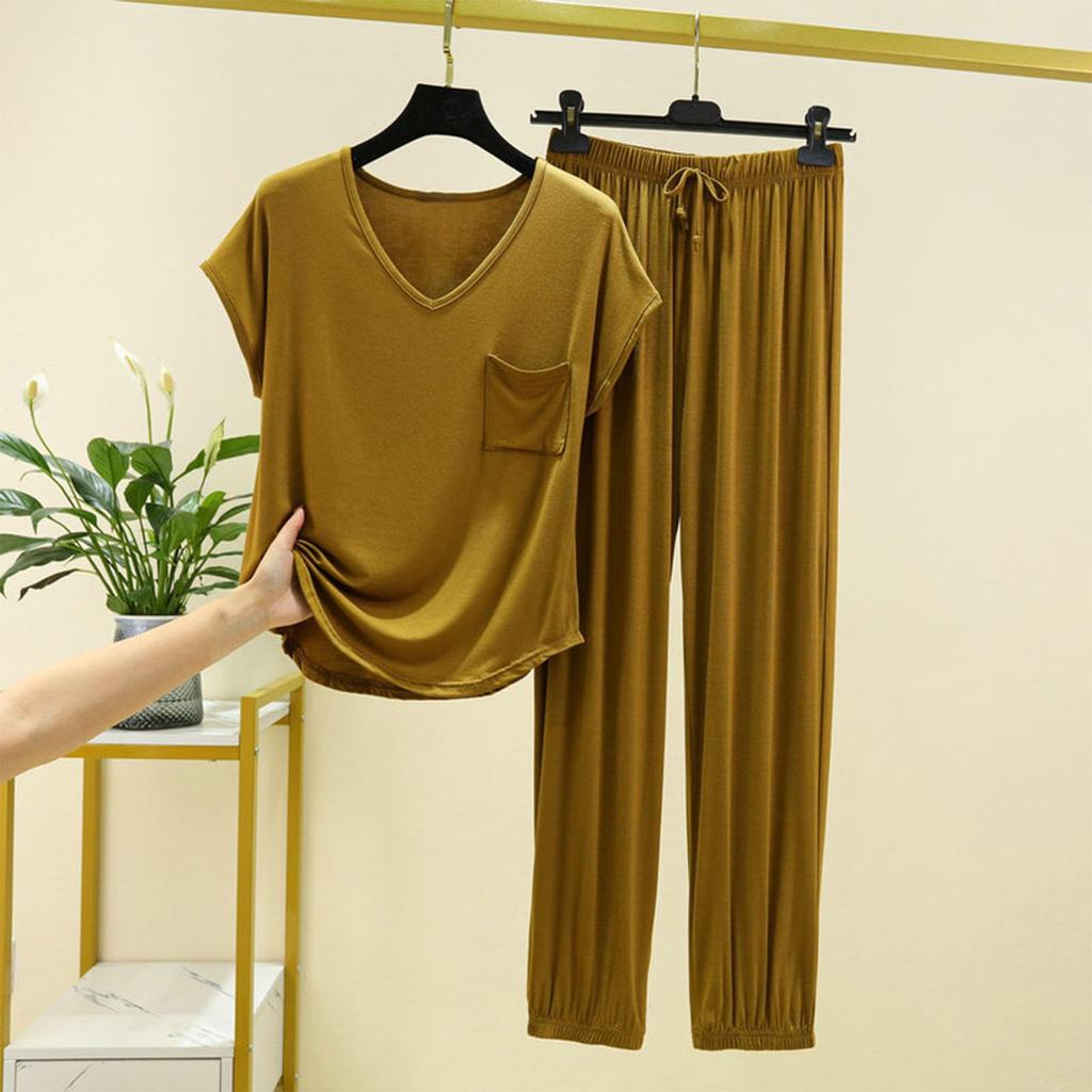 Женская мода однотонная домашняя пижама с V-образным вырезом и карманами, с короткими рукавами, универсальный костюм из двух частей