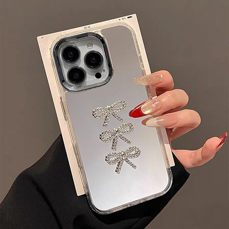 Bow Mirror Mobile Phone Case for Apple 17 Promax Mirror for IPhone 16 Hand Chain Women's 14 Fashion