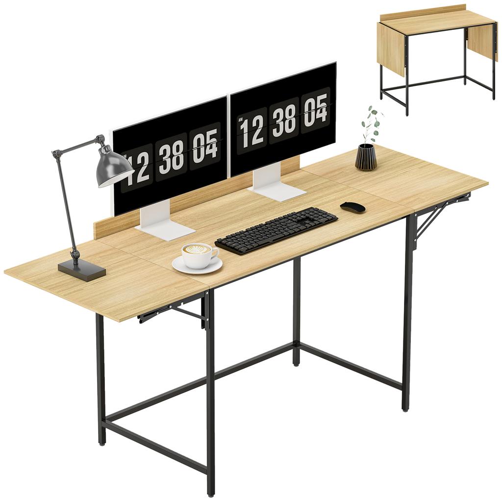 Foldable Computer Desk With 2 Pull Out Panels Ample Space For Monitors Metal Legs Sturdy Construction Oak Black