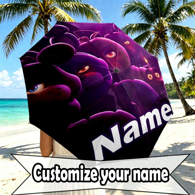 Custom Name Personalized Five Nights at Freddy's Print Umbrella, Auto Open Close, 8‑Rib Sturdy Frame, Commute Camping Hiking Use, Birthday Gift