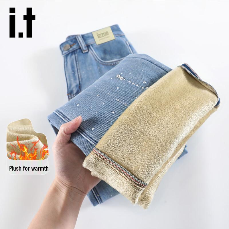 Izzueit Женские облегающие джинсы клеш с высокой посадкой и стразами, на флисовой подкладке