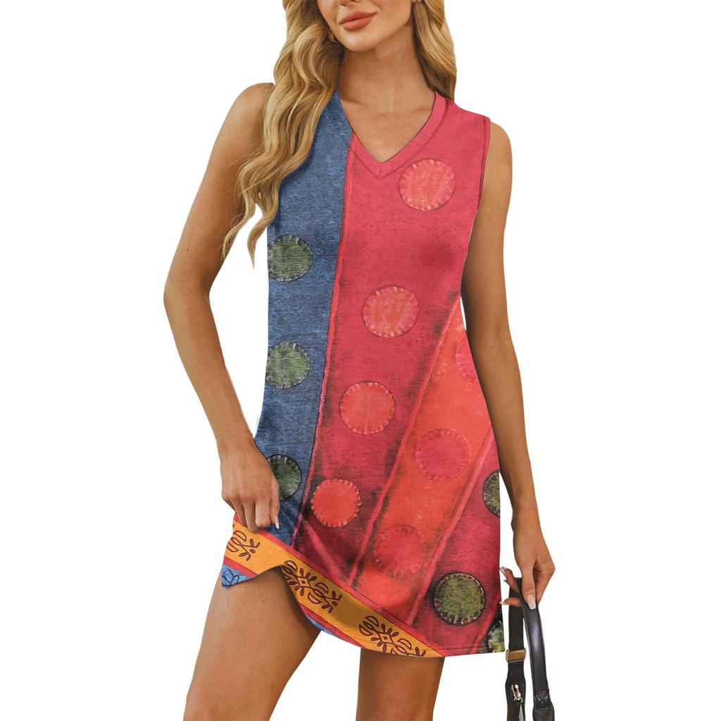 Женский летний повседневный сарафан без рукавов с V-образным вырезом для пляжного отдыха в стиле пэчворк с цветными блоками