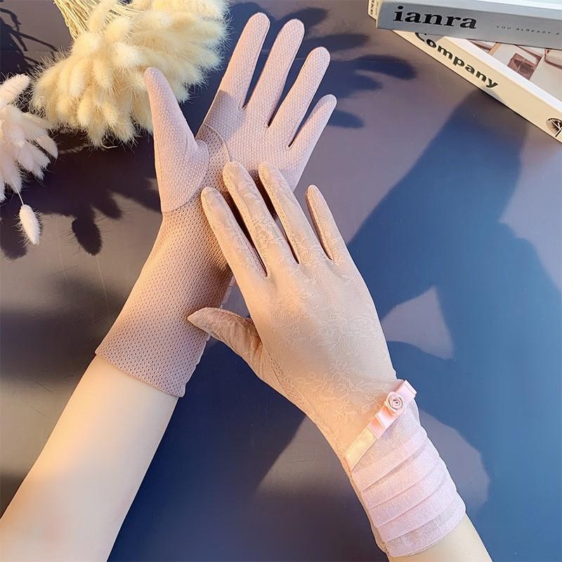 Солнцезащитные кружевные перчатки, весенние перчатки с бантом, перчатки для сенсорного экрана, женские дышащие уличные перчатки для вождения, летние перчатки для велоспорта