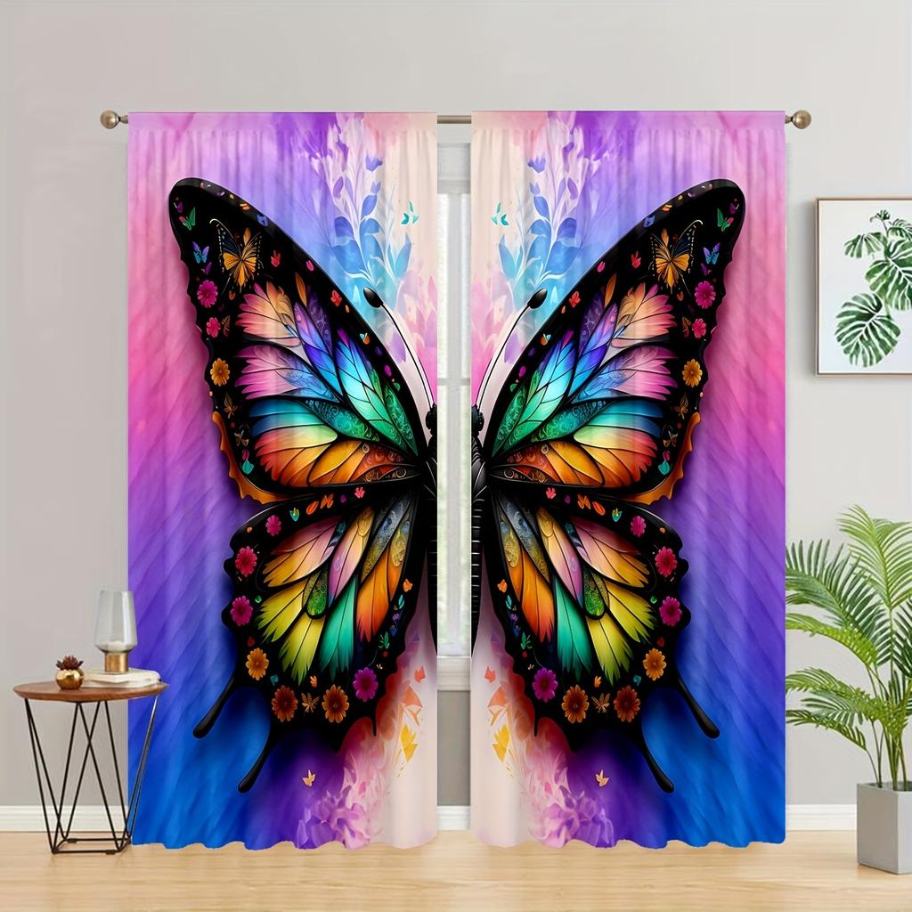 2pcs Five-colored Butterfly Printed Curtains, Study Room Kitchen Living Room Dorm Room Rod Pocket Window Drapes, Bedroom Accesso