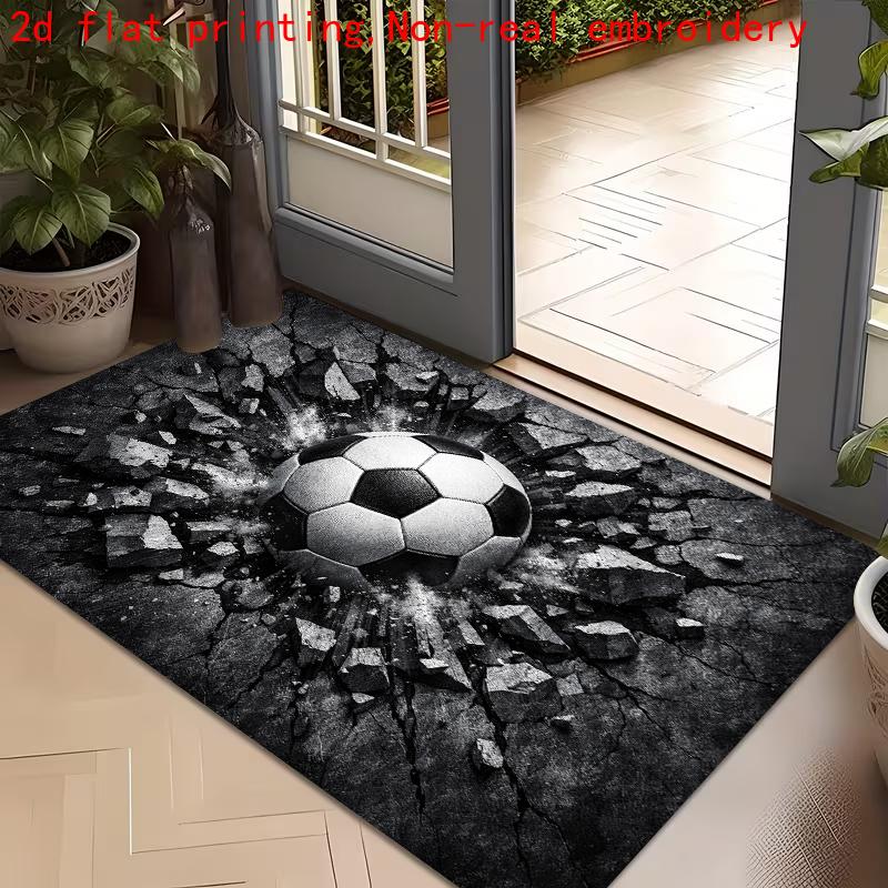 1pc, 2D Flat Printing, Creative Visual 3D Soccer Breaking Through Floor Entrance Mat, Non-Slip Machine Washable Easy-to-Clean Polyester Mat, Suitable