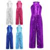 Kids Girls Shiny Sequin Pageant Romper Sleeveless Wide Leg Pants One-Piece Jumpsuit for Party Dancing