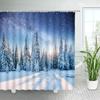 Зимний горнолыжный набор занавески для душа, Современная горнолыжная станция Снежная гора Сосновый лес Занавески для ванны, Синий Рождественский декор для ванной