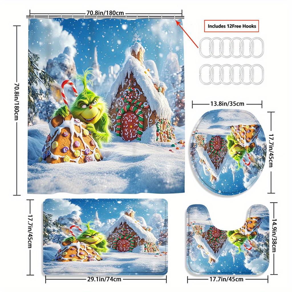 The Grinch Christmas Bathroom Set With Shower Curtain, Toilet Lid Cover & Mats | Snowy Christmas Scene | Festive Holiday Decor