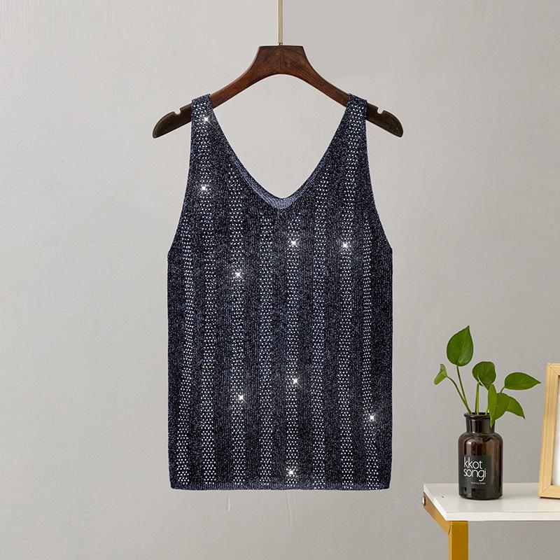 Женская летняя вязаная майка из ледяного шелка с яркой нитью и V-образным вырезом, облегающая майка