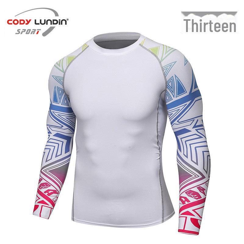 Мужская компрессионная футболка для бега с длинным рукавом и принтом, влагоотводящая, A038