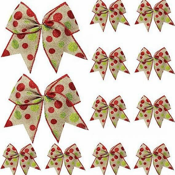 12PC Red and Green Christmas Polka Dot Bow Decorative Bow for Party Festive BowSet Xmas Wreath Holiday Elf Tree Garland Decora