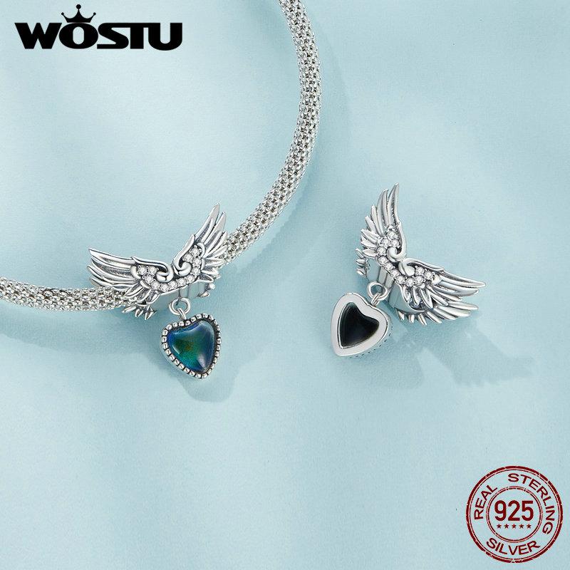 WOSTU 925 Sterling Silver Wing Guardian Emotion Stone Charm Beads for Bracelet DIY Jewelry