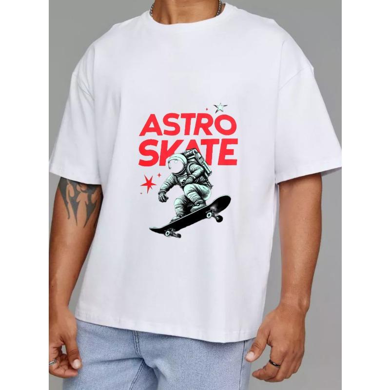 Astro Skate T Shirt White Astronaut Riding Skateboard with Red Text and Stars Graphic Streetwear Casual Wear for Men and Women